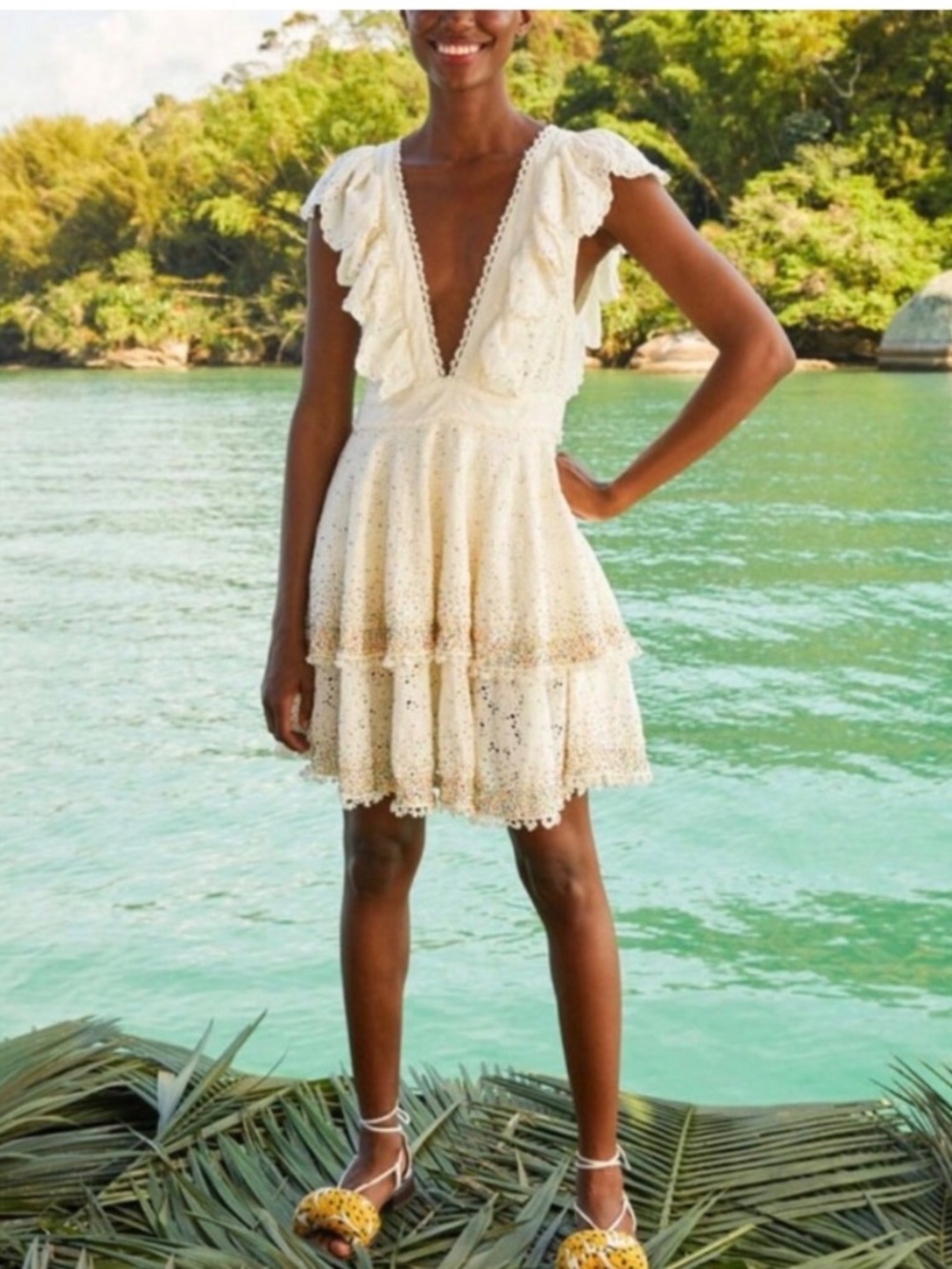 Farm Rio Beaded Eyelet Mini Dress Tiered Women's Size M DD